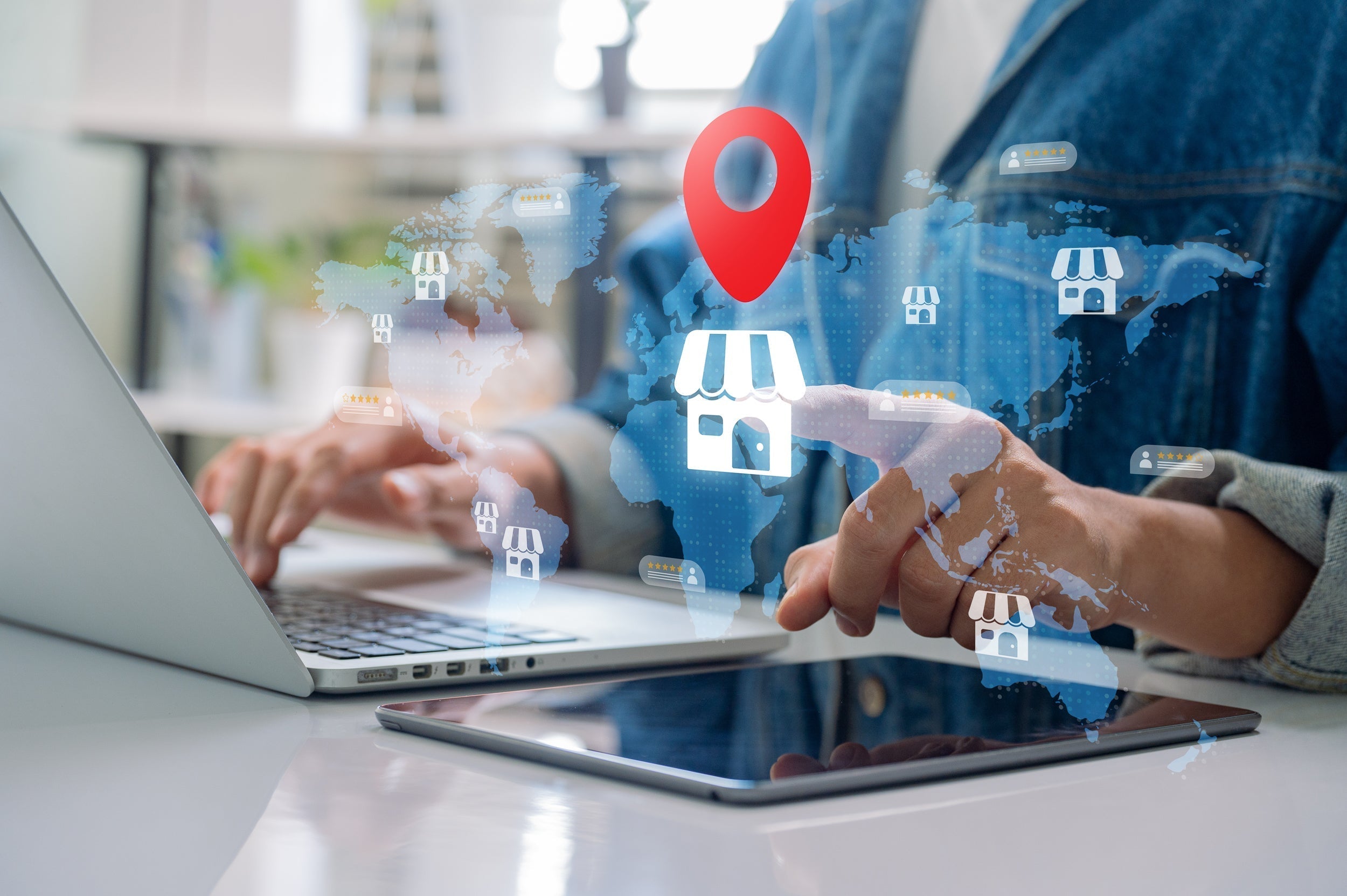 Local marketing consultant map radius around stores with pickup and local inventory ad badges highlighted